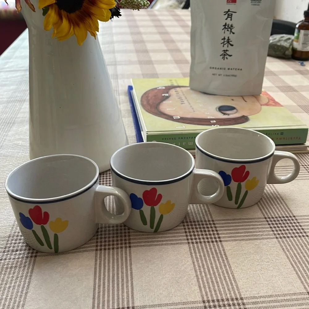 Newcor VTG Stoneware Tea Cups Japan Tulip Set of 3 Multicolor